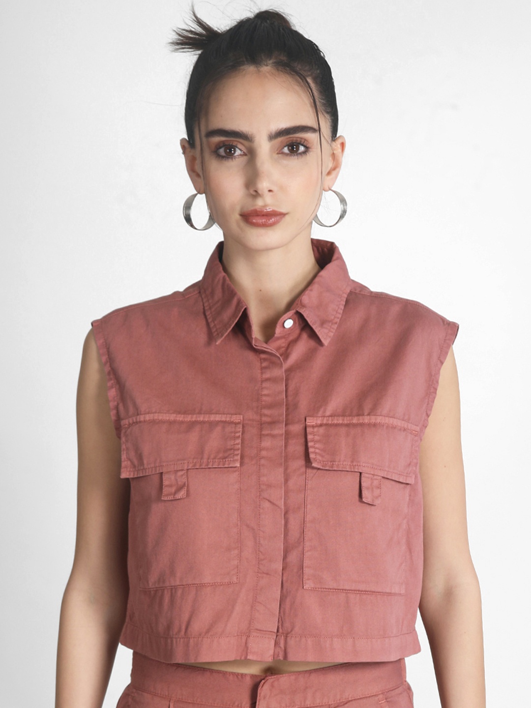 

IVOC Women Spread Collar Solid Cotton Casual Cropped Shirt, Pink