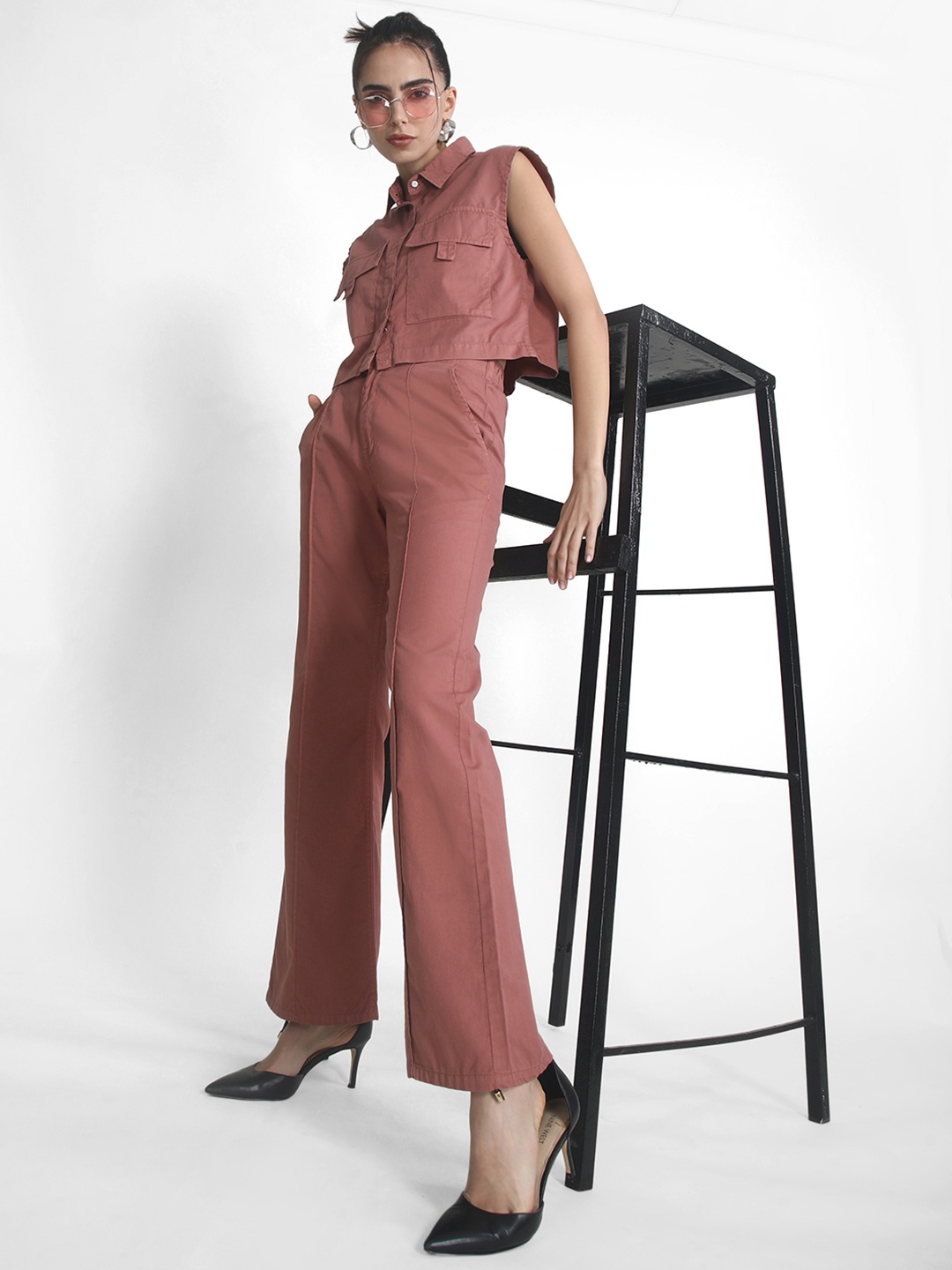 

IVOC Women Pure Cotton Classic Loose Fit High-Rise Trousers, Pink