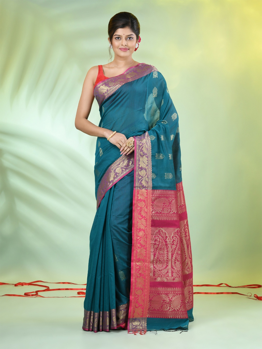 

Charukriti Ethnic Motifs Woven Design Zari Saree, Teal