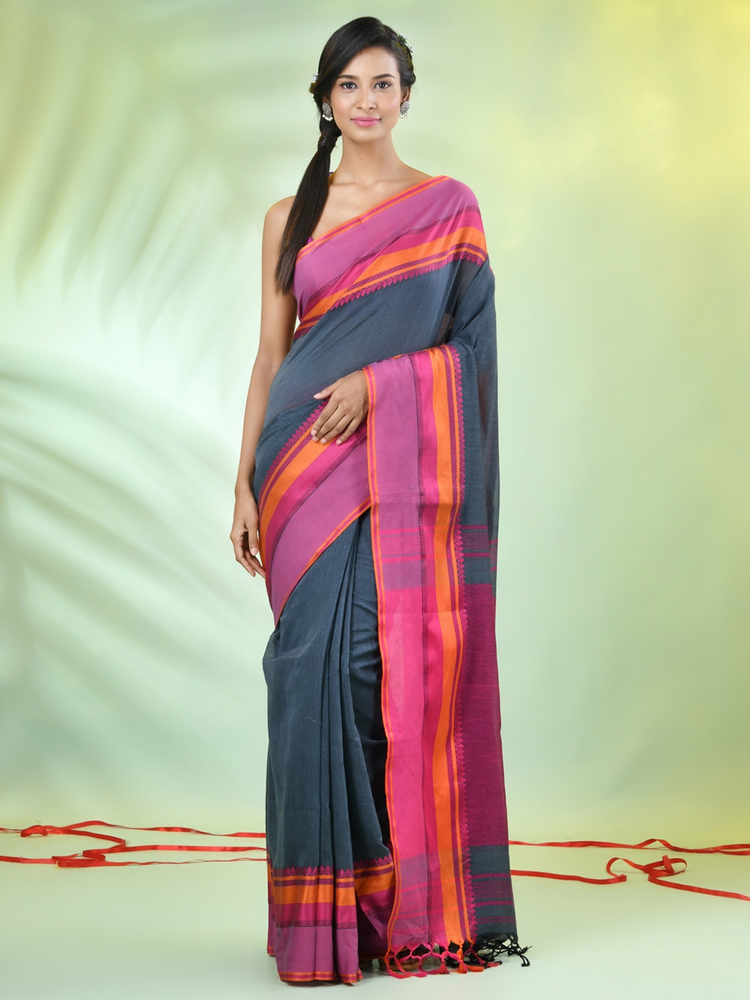 

Charukriti Solid Pure Cotton Woven Design Border Festive Saree, Grey