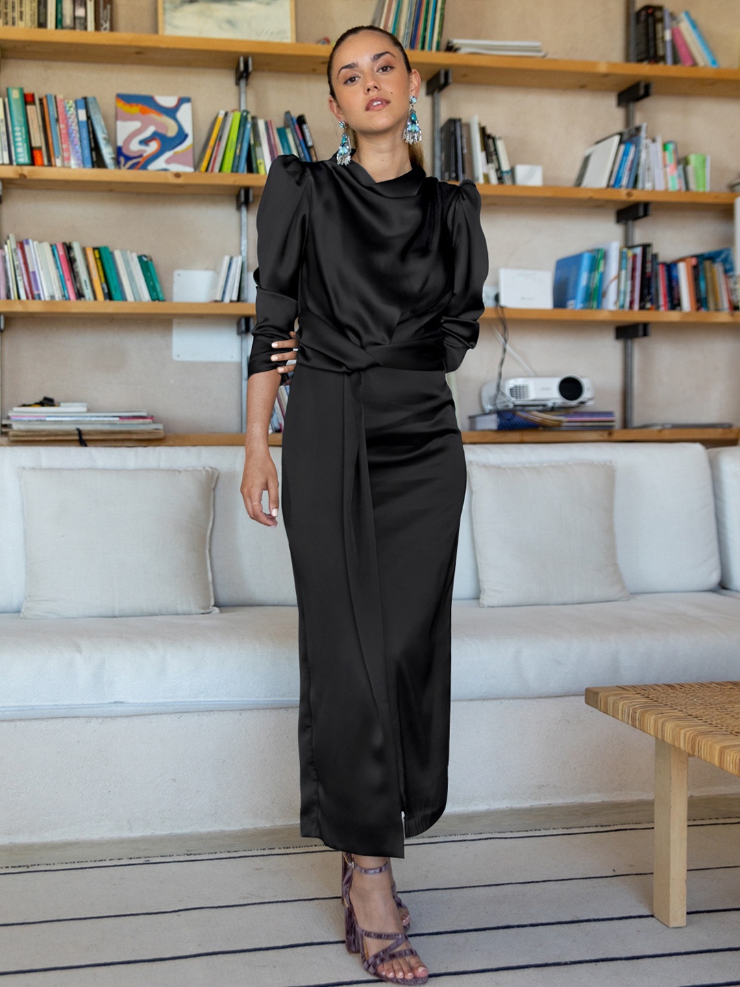 

HERE&NOW Women Cowl Neck Blouson Maxi Dress, Black