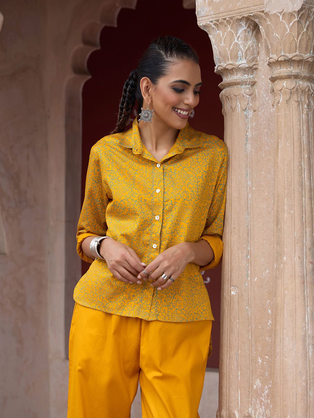 

House of Chikankari Printed Kurta Set, Mustard