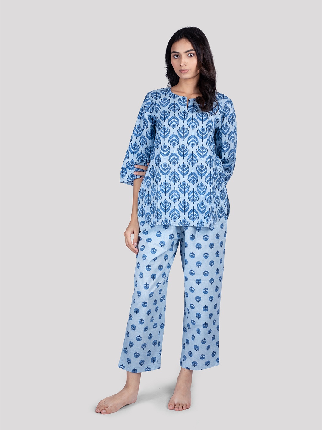 

HUE & HIDE Floral Printed Pure Cotton Night suit, Blue