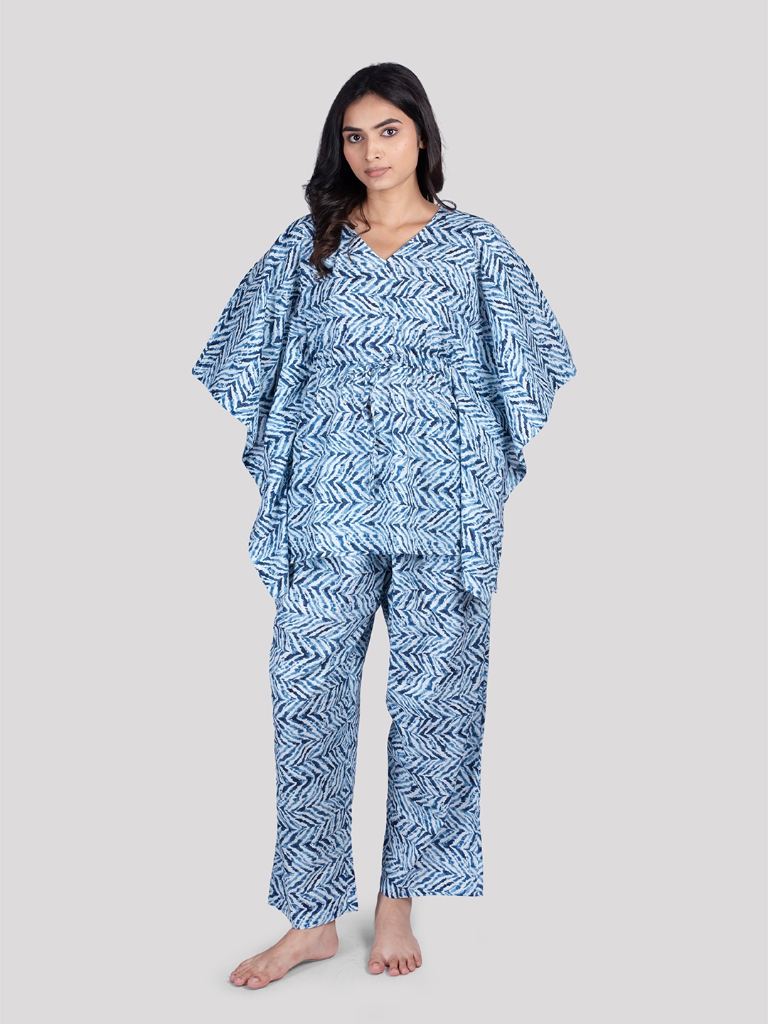 

HUE & HIDE Abstract Printed Pure Cotton Night suit, Blue