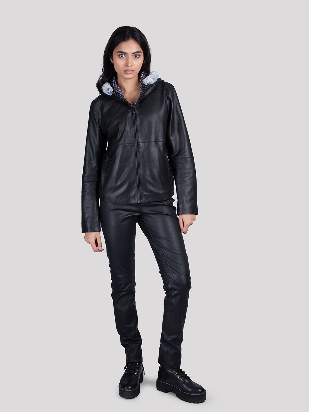 

HUE & HIDE Women Solid Hooded Leather Jacket, Black
