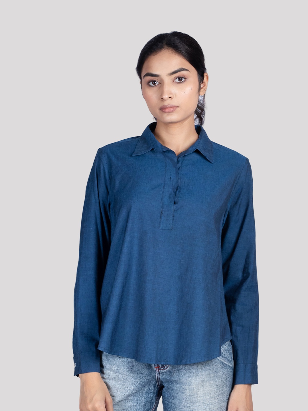 

HUE & HIDE Modern Relaxed Fit Spread Collar Cotton Casual Shirt, Navy blue