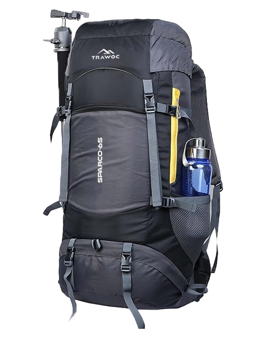 

TRAWOC SPARCO Solid 65L Rucksack for Hiking Travel With Rain Cover, Black