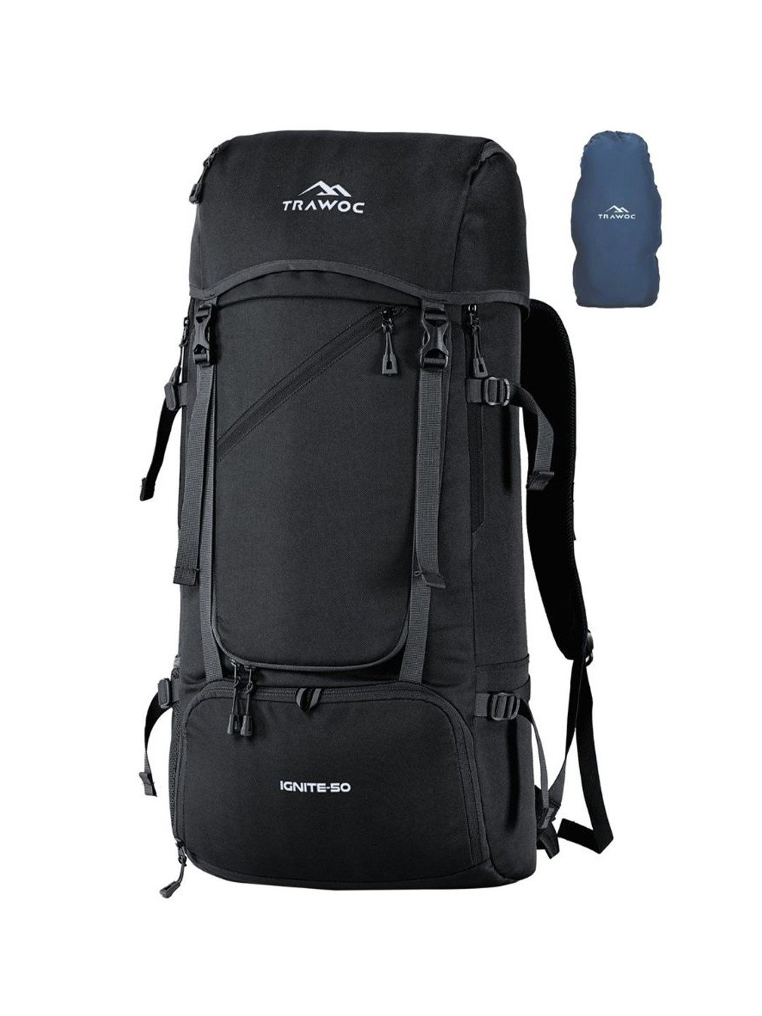 

TRAWOC IGNITE Solid 50L Hiking trekking Rucksack with Shoe Compartment & Rain Cover, Black