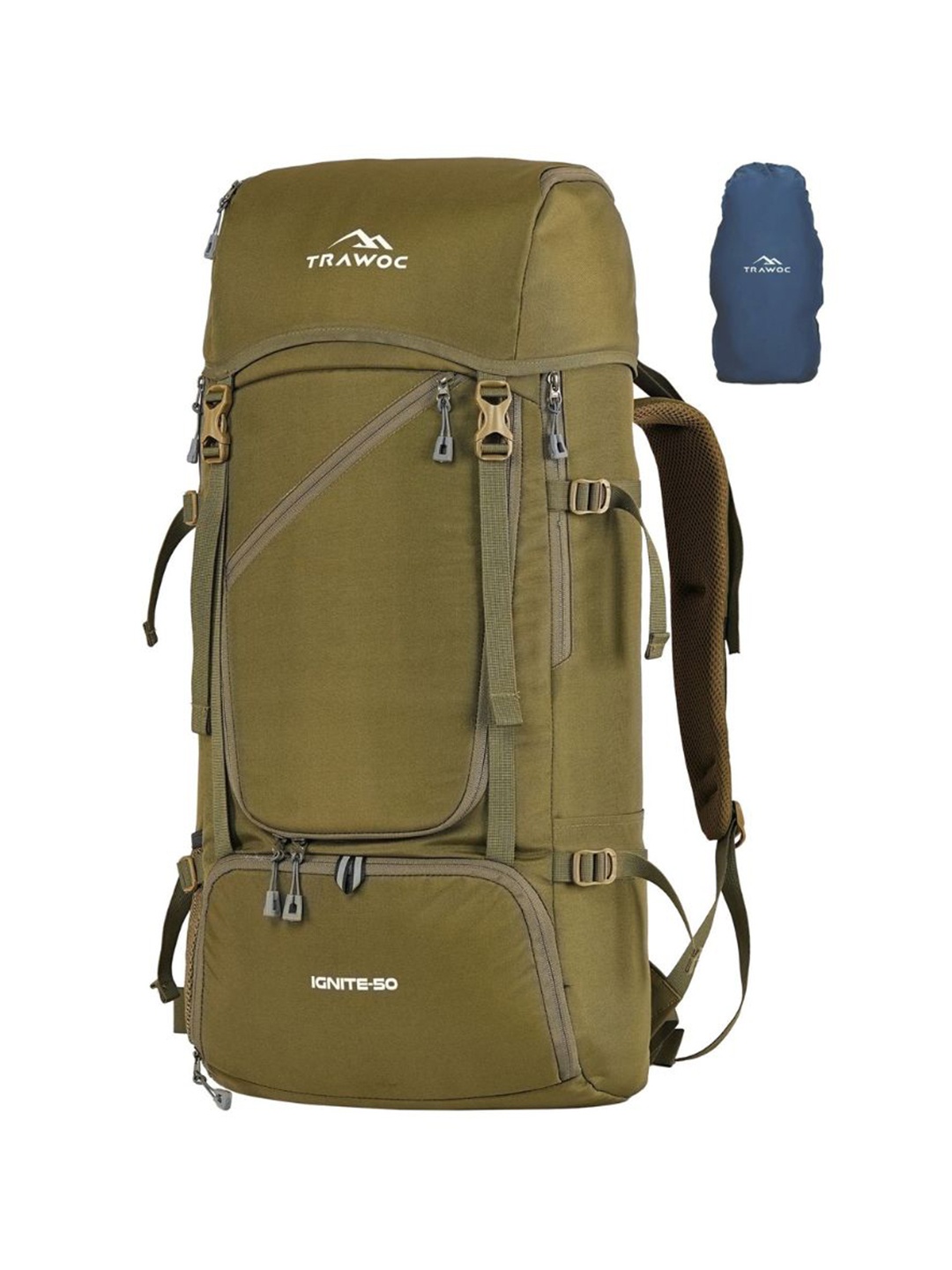 

TRAWOC IGNITE Solid 50L Hiking trekking Rucksack with Shoe Compartment & Rain Cover, Olive