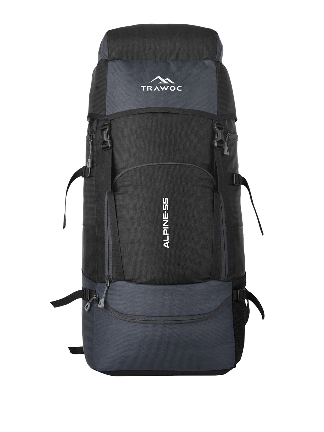 

TRAWOC ALPINE Solid 55L Travel Rucksack With Dual Loading & Rain Cover for Adventures, Black
