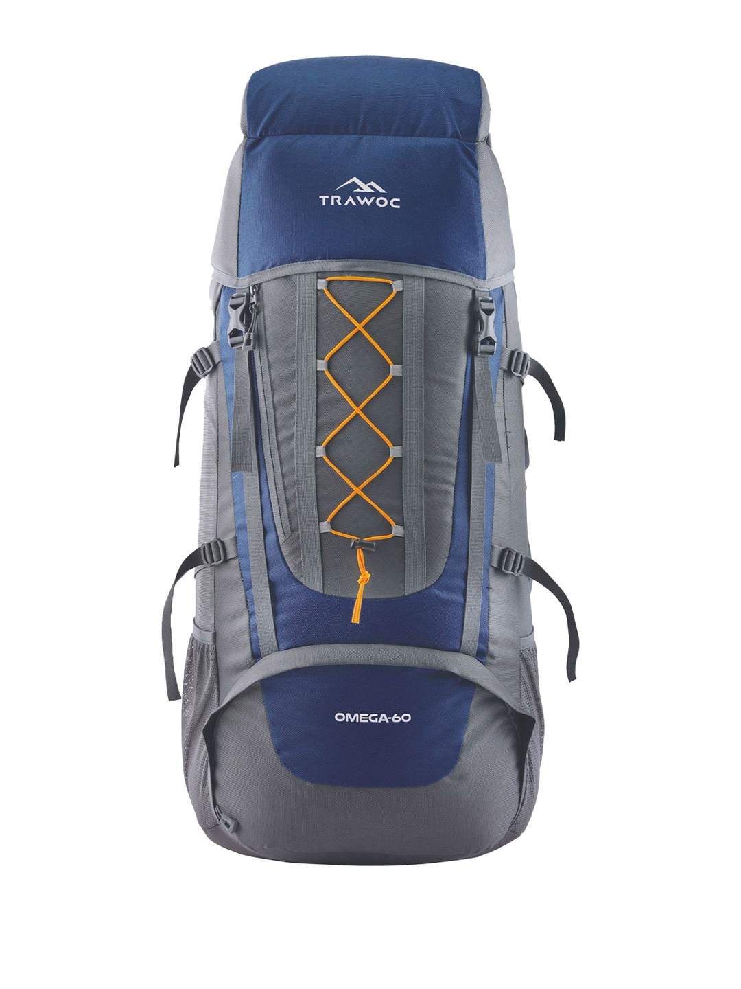 

TRAWOC Omega 60 Liter Waterproof Brand Logo Printed Ergonomic Hip Strap Rucksack, Navy blue