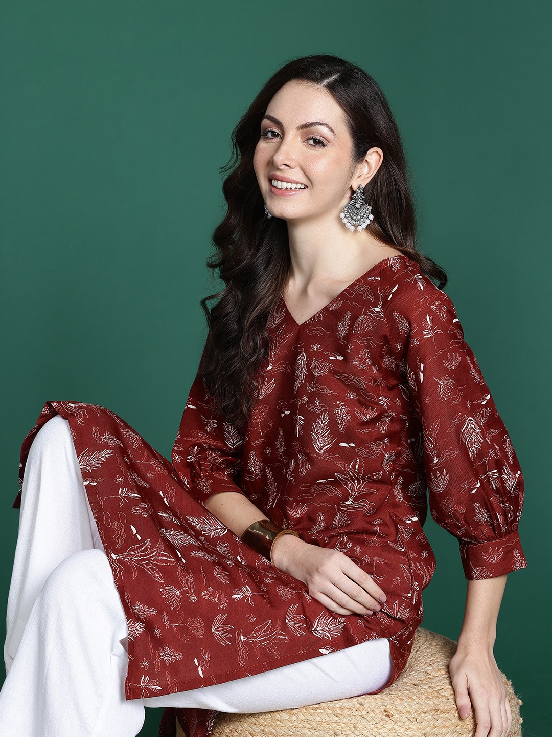 

Sangria Floral Print Kurta, Maroon