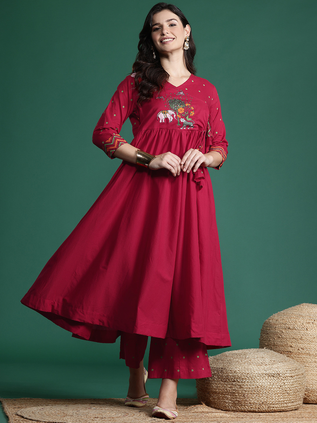 

Sangria Ethnic Motifs Print Angrakha Pure Cotton Kurta with Palazzos, Maroon