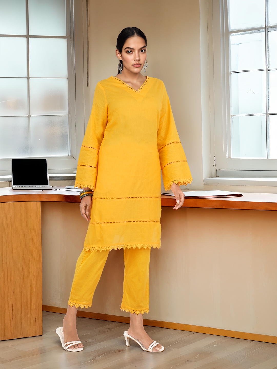 

Sangria Lace Insert Detail Pure Cotton Kurta with Trousers, Yellow