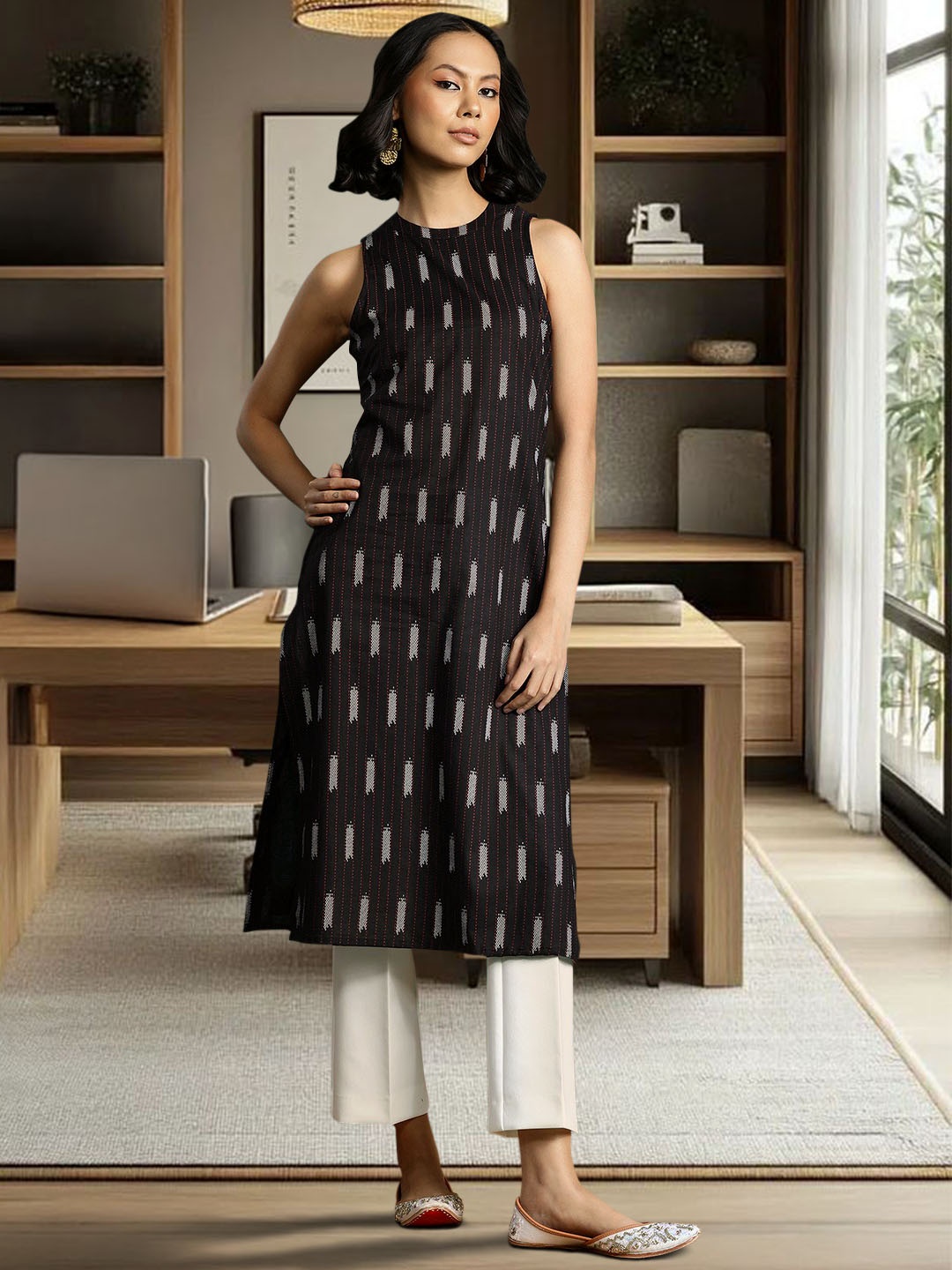 

Sangria Women Geometric Printed Pure Cotton Kurta, Black
