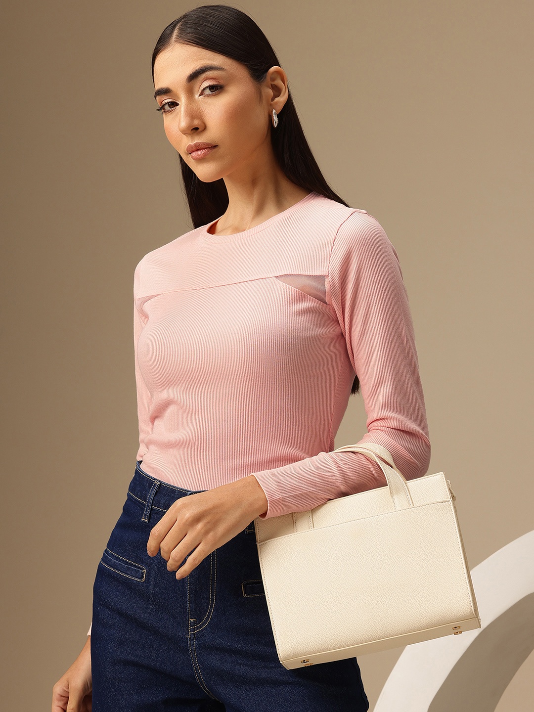 

Chemistry Cut Out Net Detail Ribbed Fitted Top, Pink