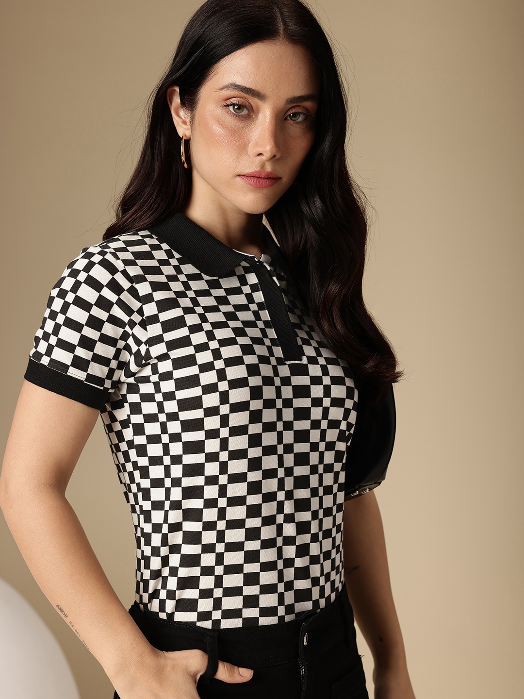 

Chemistry Checked Polo Collar T-shirt, Black
