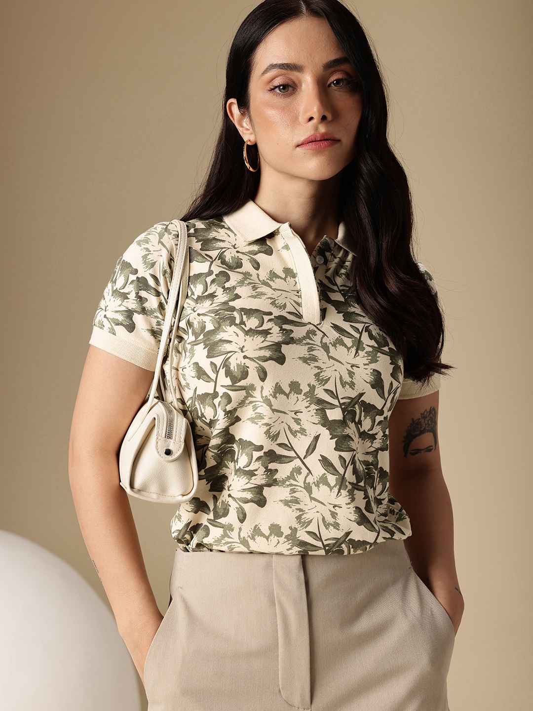

Chemistry Floral Printed Polo Collar T-shirt, Beige