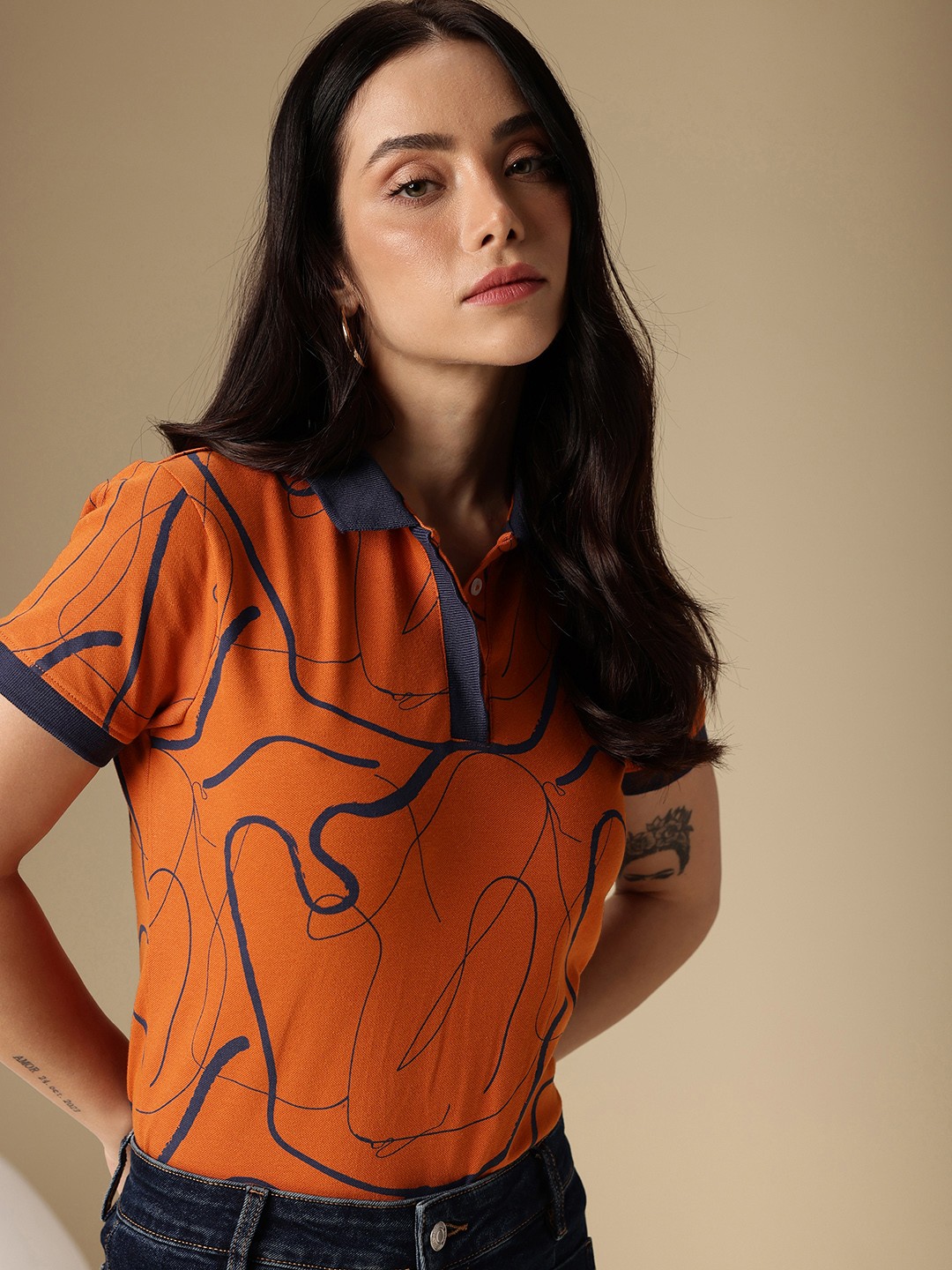 

Chemistry Abstract Printed Polo Collar T-shirt, Orange