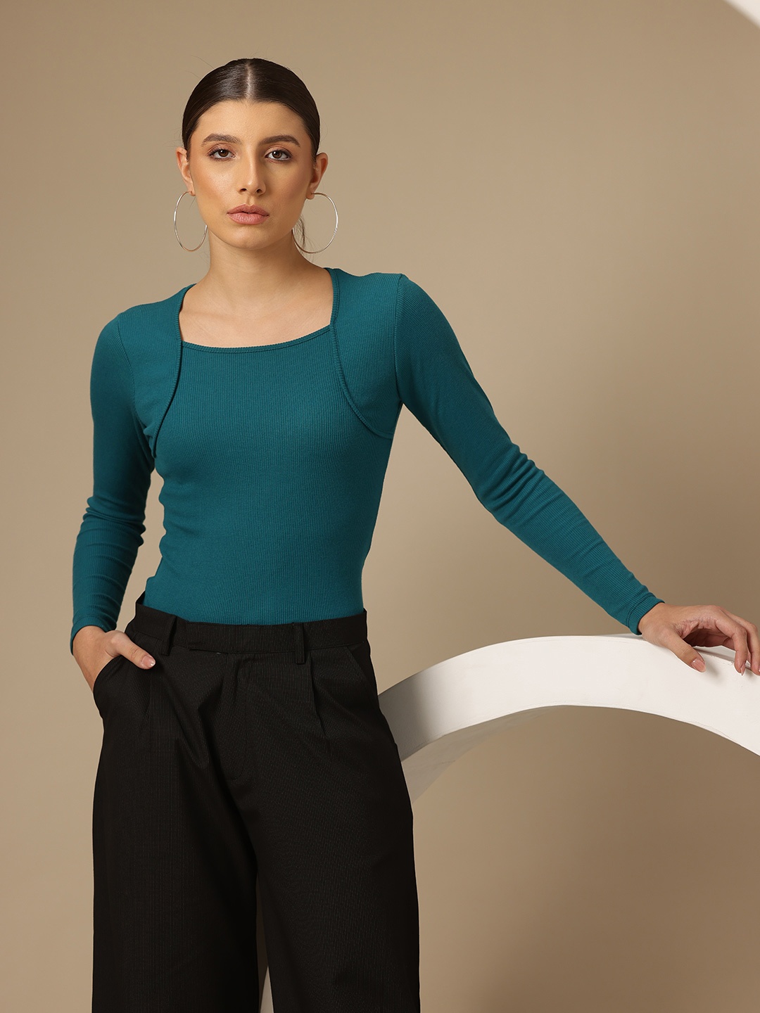 

Chemistry Ribbed Fitted Top, Teal