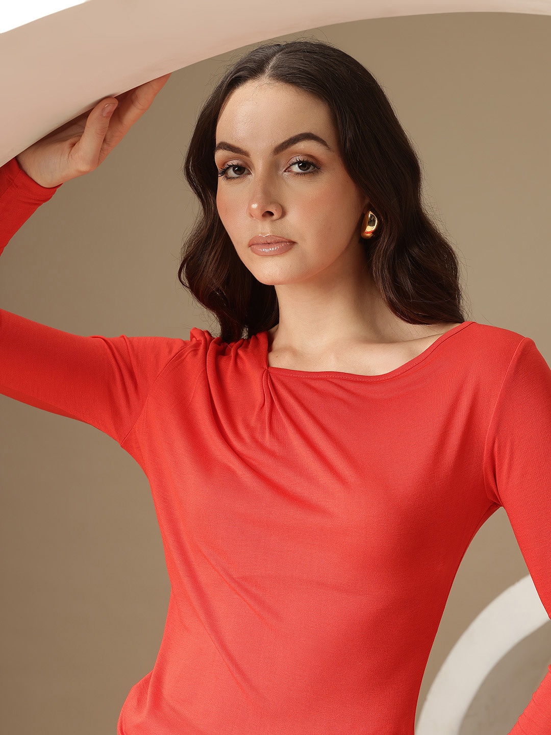 

Chemistry Asymmetric Gathered Neck Fitted Top, Red