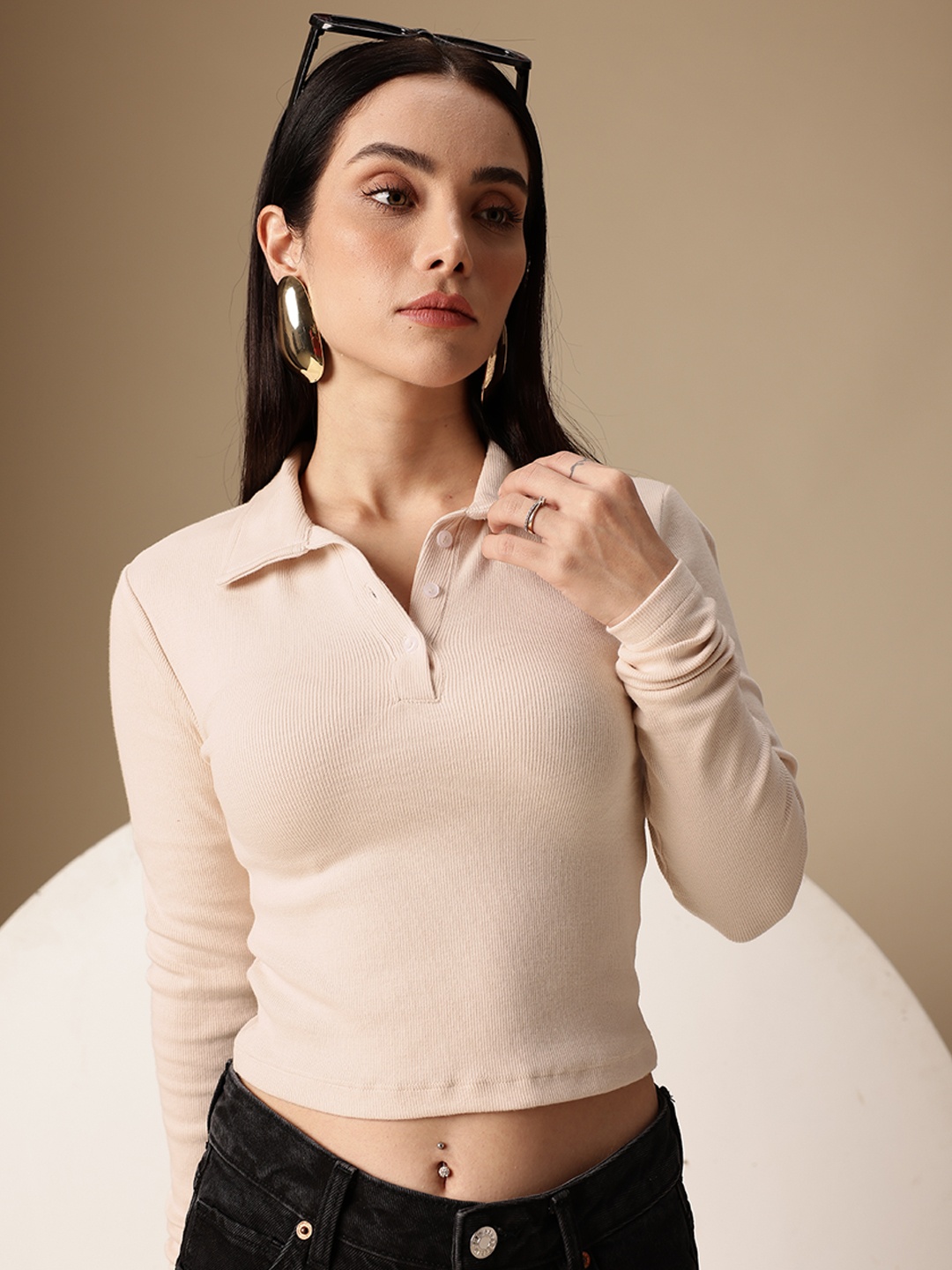 

Chemistry Polo Collar Ribbed Crop T-shirt, Cream