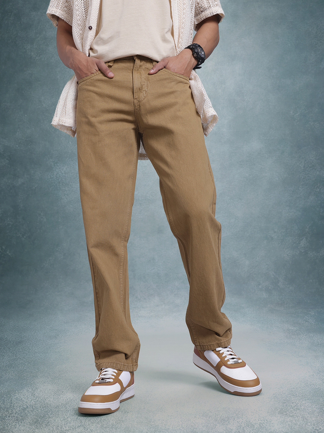 

The Roadster Life Co. Men Straight Fit Pure Cotton Jeans, Khaki