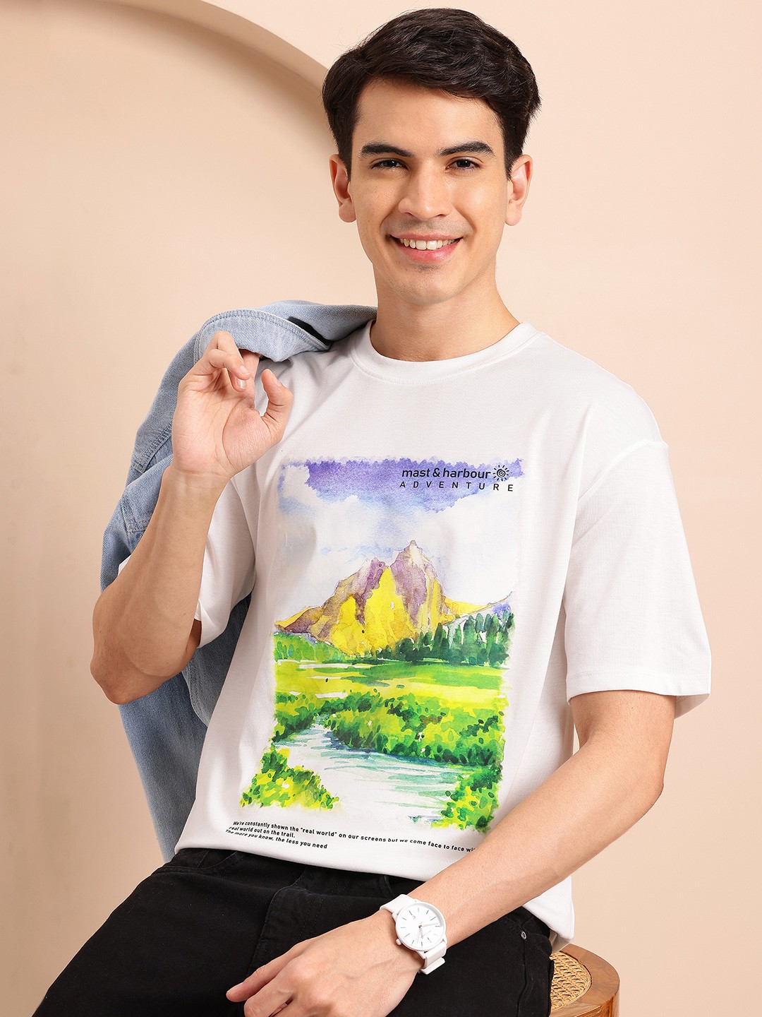 

Mast & Harbour Men Printed Relaxed Fit T-shirt, White