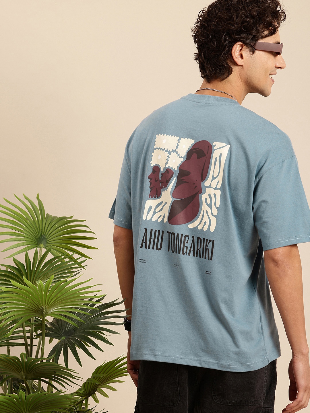 

Mast & Harbour Printed Drop-Shoulder Sleeves Relaxed Fit Pure Cotton T-shirt, Blue