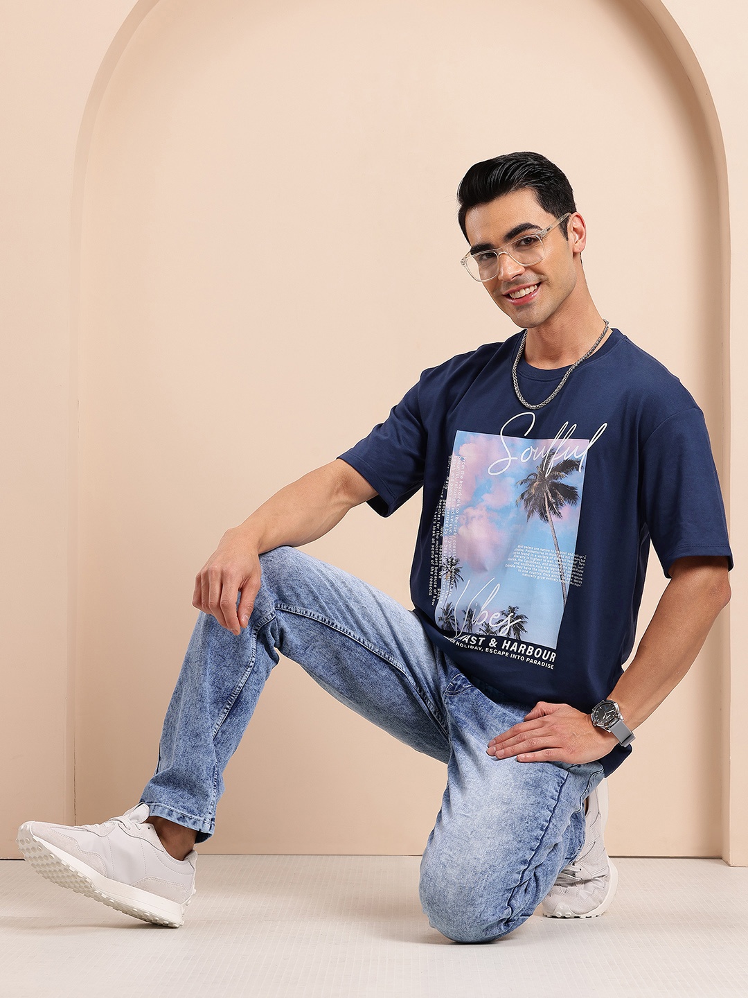 

Mast & Harbour Printed Drop-Shoulder Sleeves Relaxed T-shirt, Blue