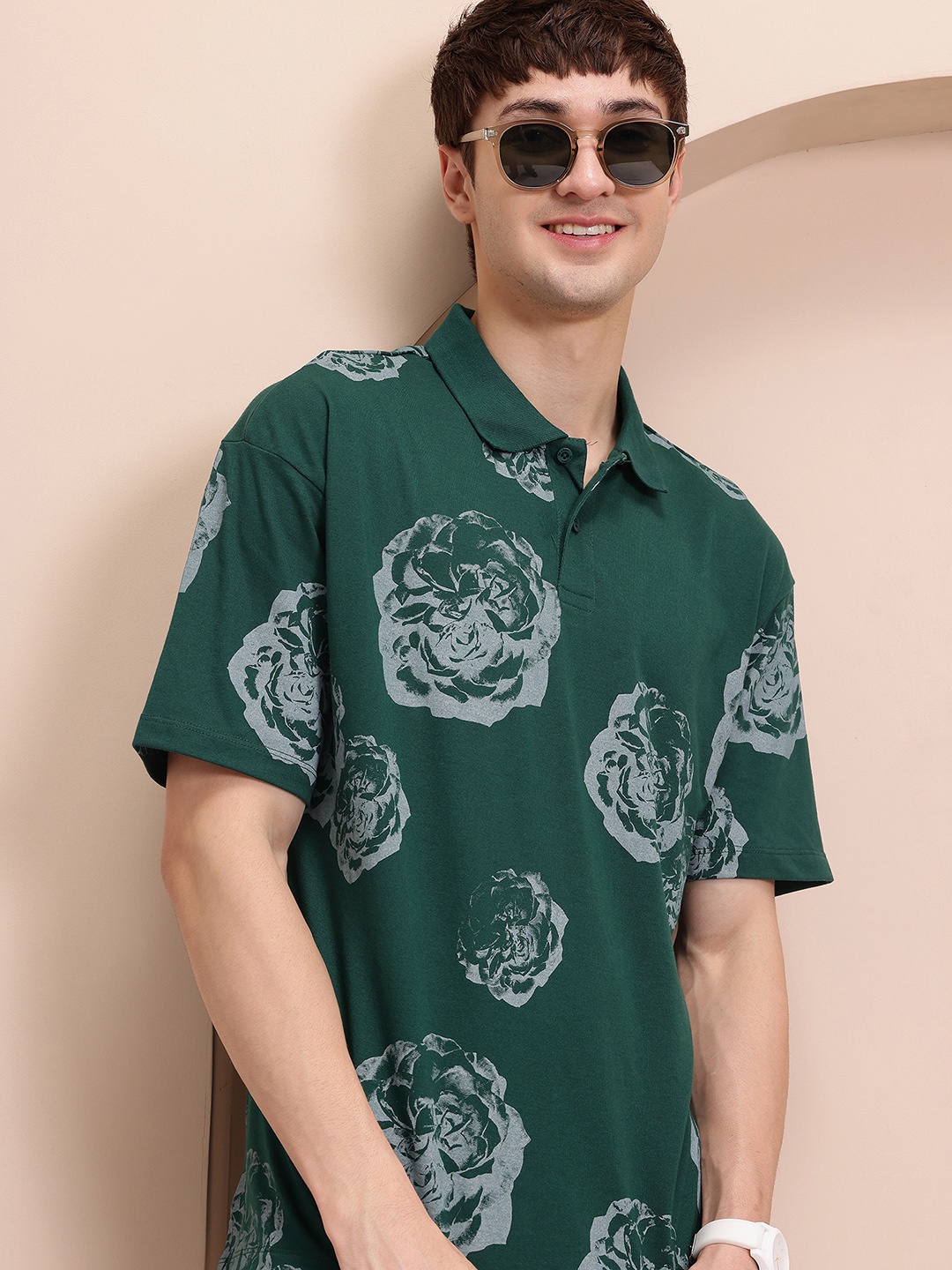 

Mast & Harbour Men Floral Printed Polo Collar Relaxed Fit T-shirt, Green