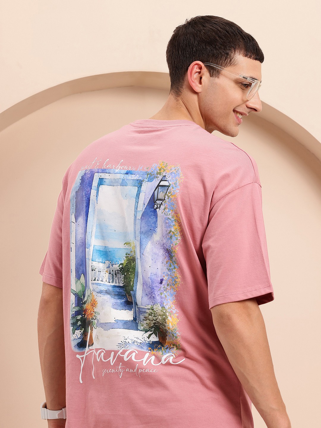 

Mast & Harbour Printed Drop-Shoulder Sleeves Oversized T-shirt, Rose