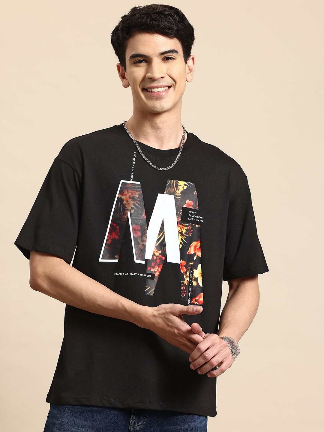

Mast & Harbour Printed Drop-Shoulder Sleeves Relaxed T-shirt, Black