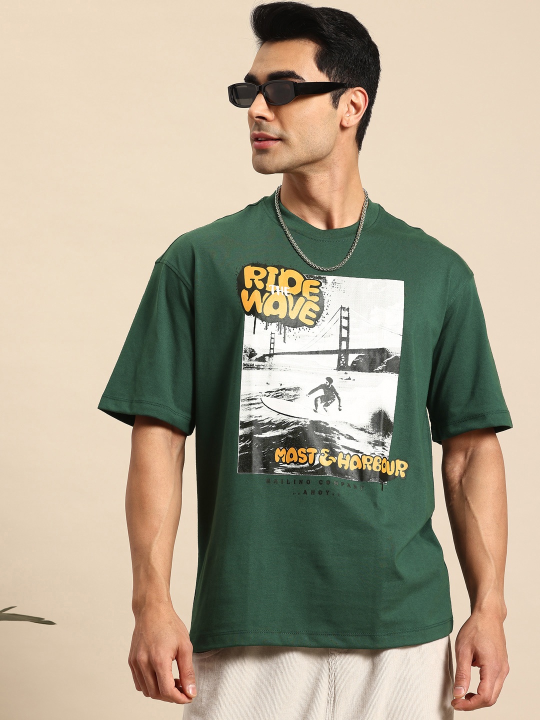 

Mast & Harbour Men Printed Drop-Shoulder Sleeves T-shirt, Green