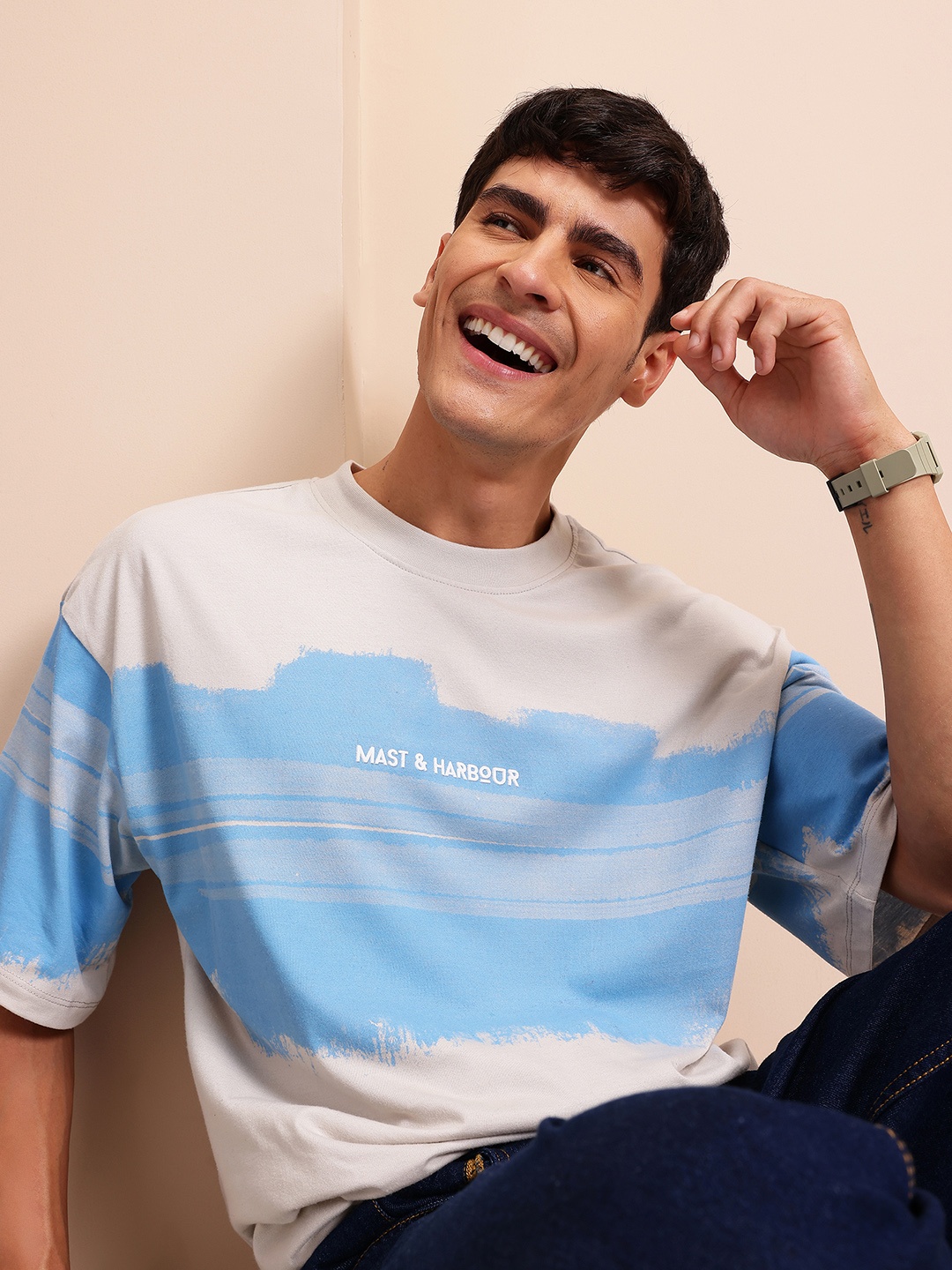 Mast & Harbour Colourblocked Relaxed Fit T-shirt with Brand Logo Detail, Beige