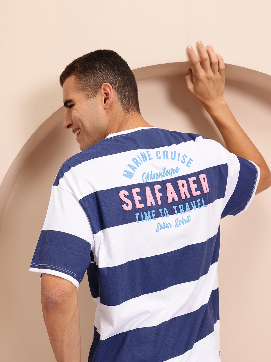 

Mast & Harbour Striped Typography Printed Drop-Shoulder Sleeves Relaxed Fit T-shirt, Blue