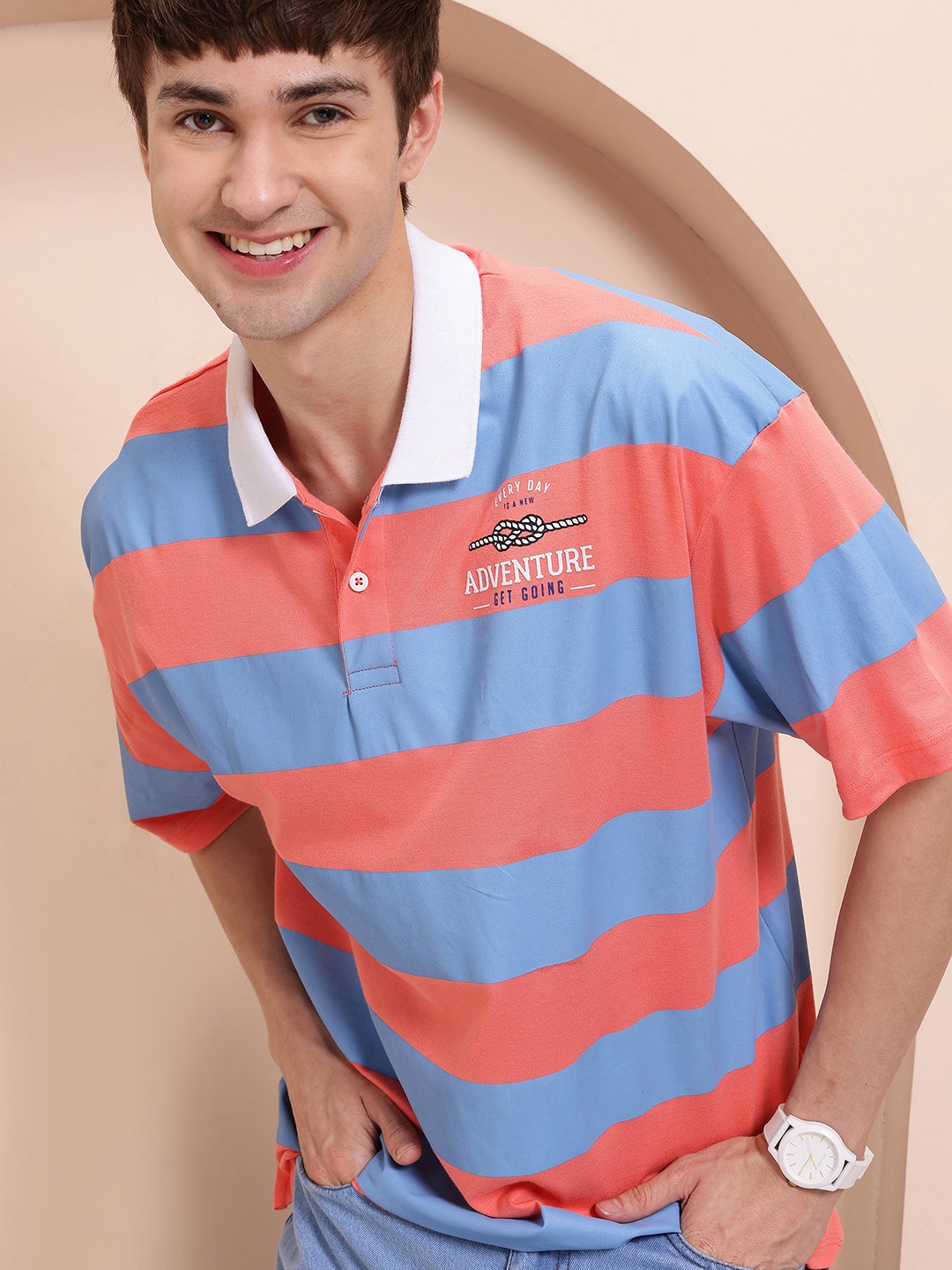 

Mast & Harbour Striped Polo Collar Drop-Shoulder Sleeves T-shirt, Blue