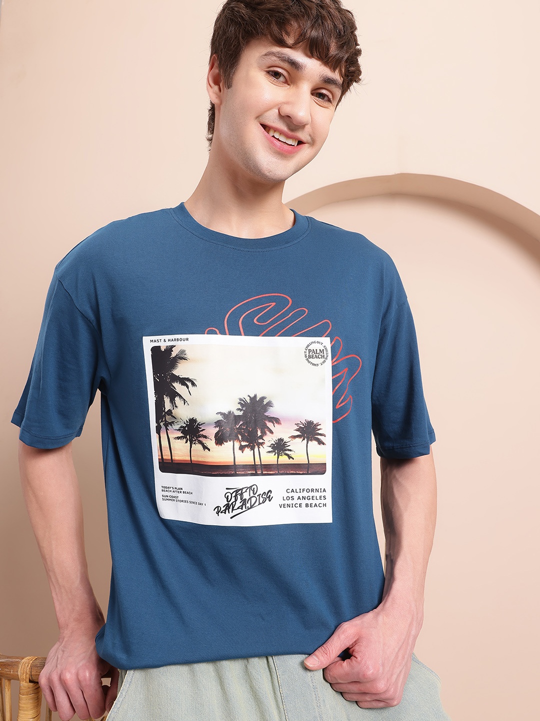 

Mast & Harbour Photographic Printed Drop-Shoulder Sleeves Relaxed Fit T-shirt, Blue