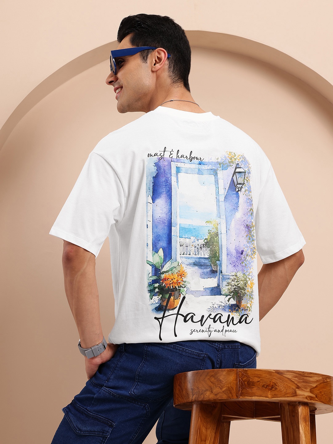 

Mast & Harbour Printed Drop-Shoulder Sleeves Oversized T-shirt, White