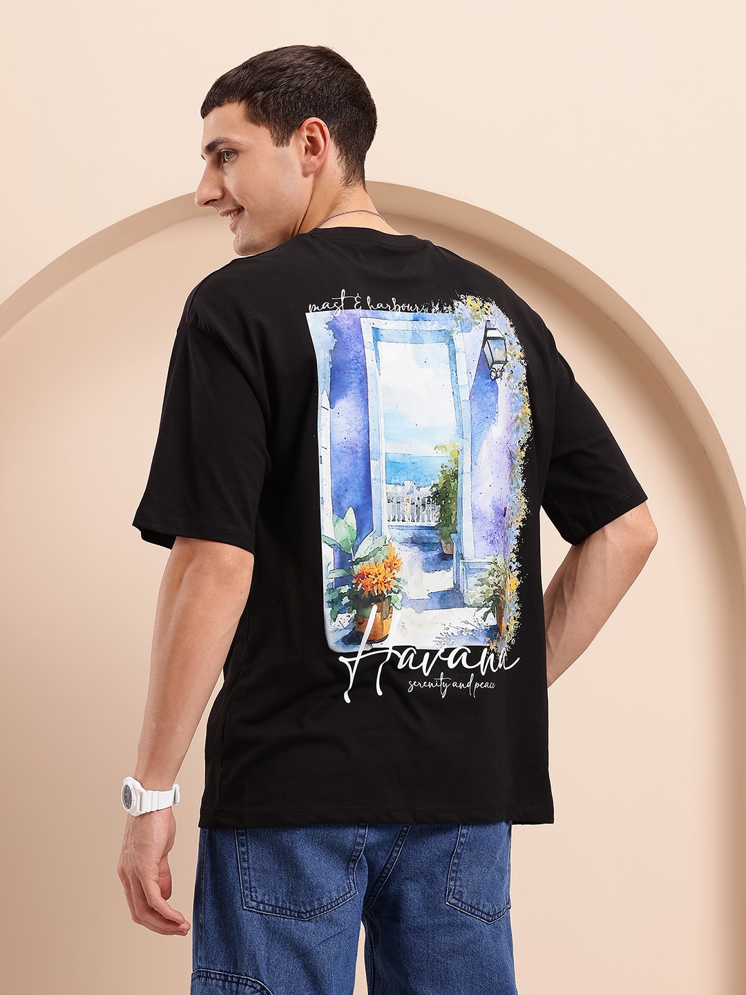 

Mast & Harbour Printed Drop-Shoulder Sleeves Oversized T-shirt, Black