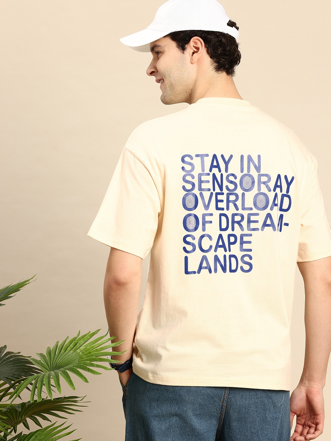 

Mast & Harbour Typography Printed Drop-Shoulder Sleeves Pure Cotton Relaxed Fit T-shirt, Cream