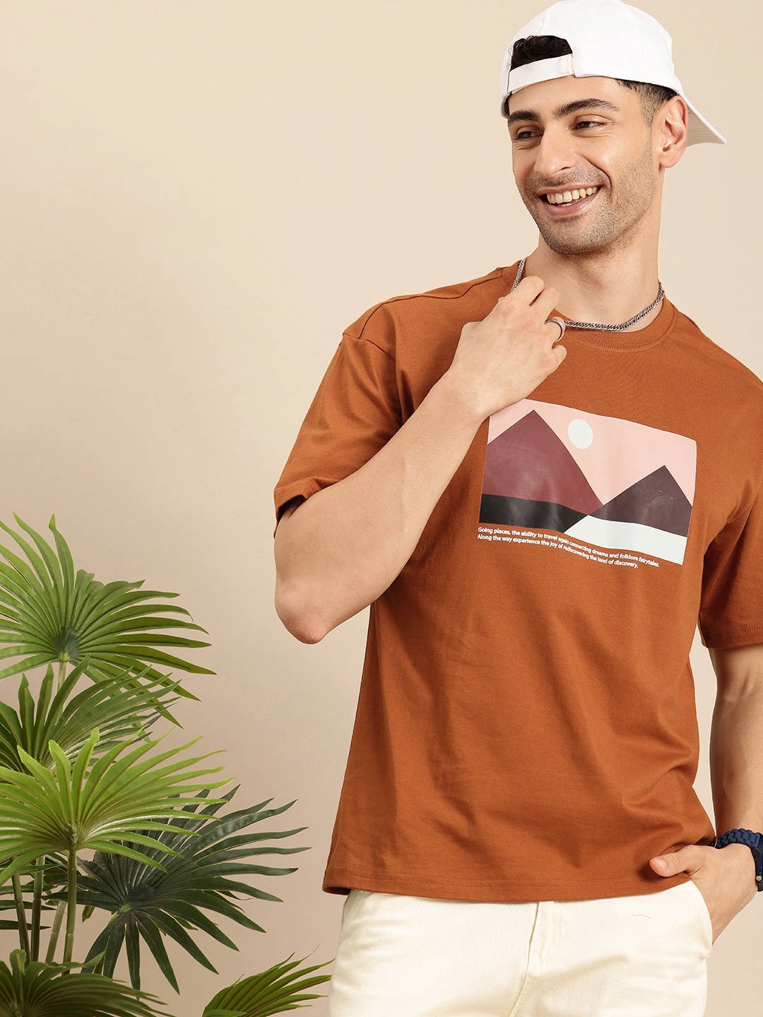 

Mast & Harbour Printed Drop-Shoulder Sleeves Relaxed Fit Pure Cotton T-shirt, Brown