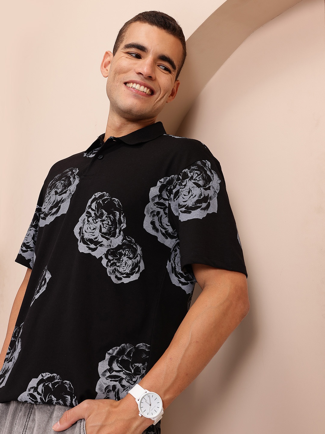 

Mast & Harbour Floral Print Polo Collar T-shirt, Black