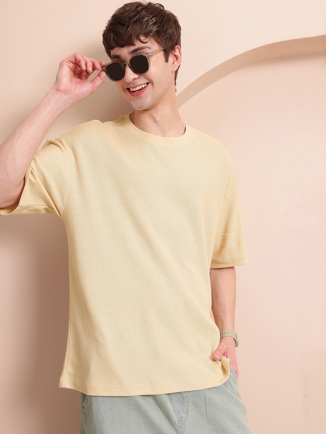 

Mast & Harbour Textured Drop-Shoulder Sleeves T-shirt, Beige