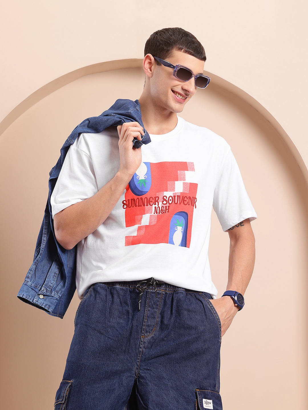 

Mast & Harbour Printed Drop-Shoulder Sleeves T-shirt, White