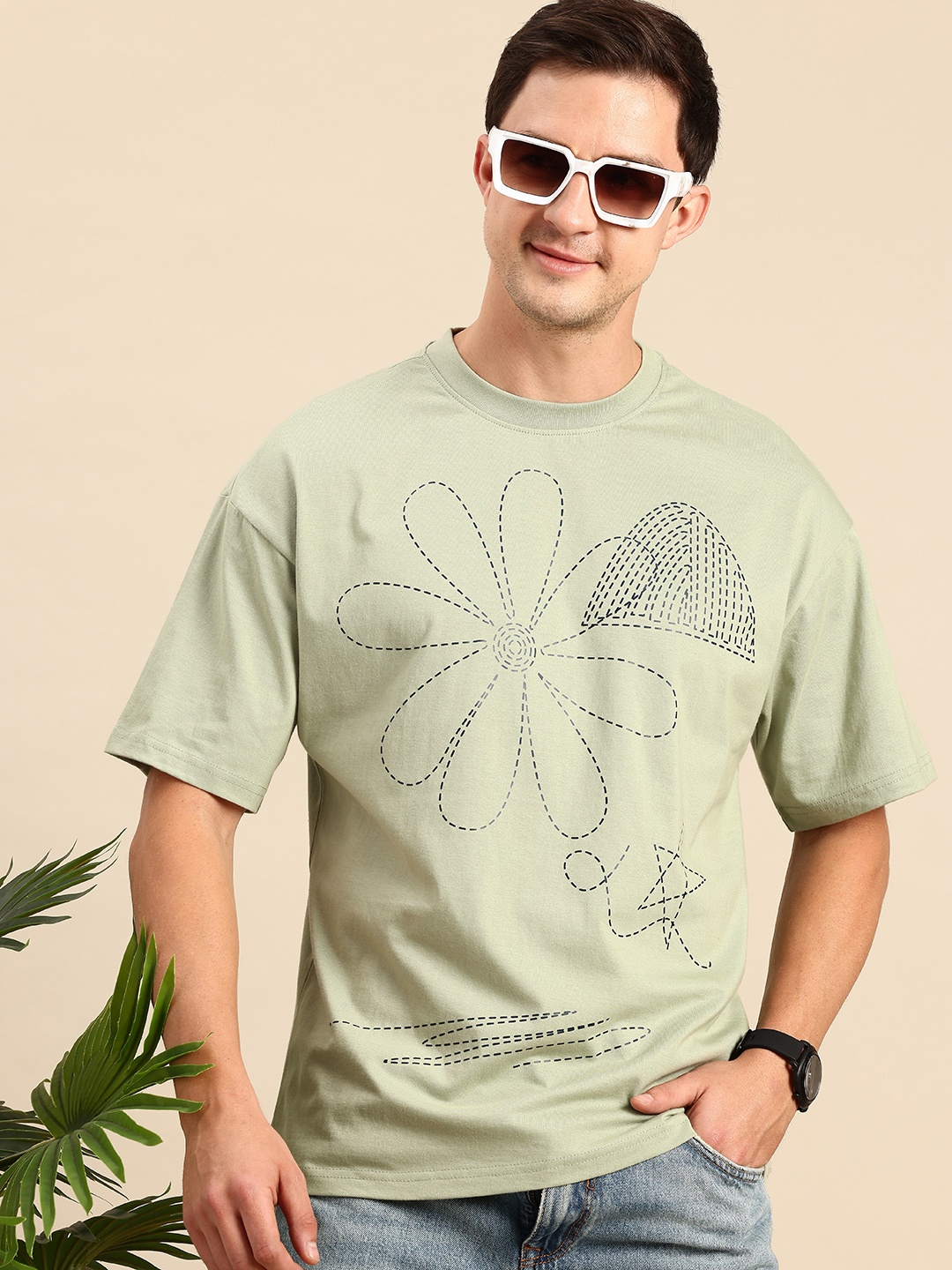 

Mast & Harbour Printed Drop-Shoulder Sleeves Pure Cotton Relaxed Fit T-shirt, Green