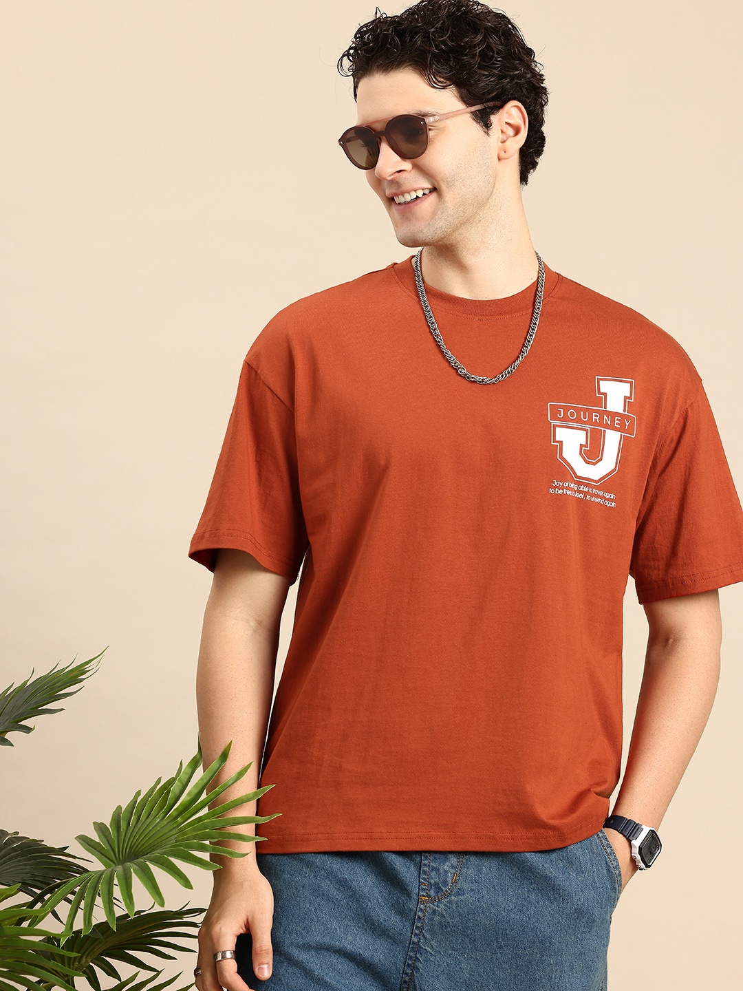 

Mast & Harbour Typography Printed Drop-Shoulder Sleeves Pure Cotton Relaxed Fit T-shirt, Rust