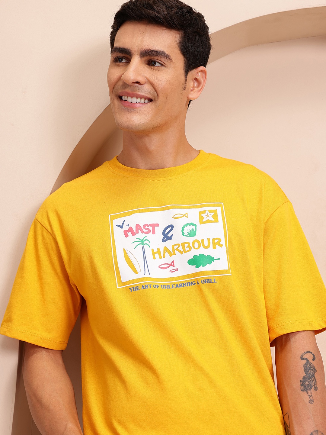

Mast & Harbour Men Typography Printed T-shirt, Yellow