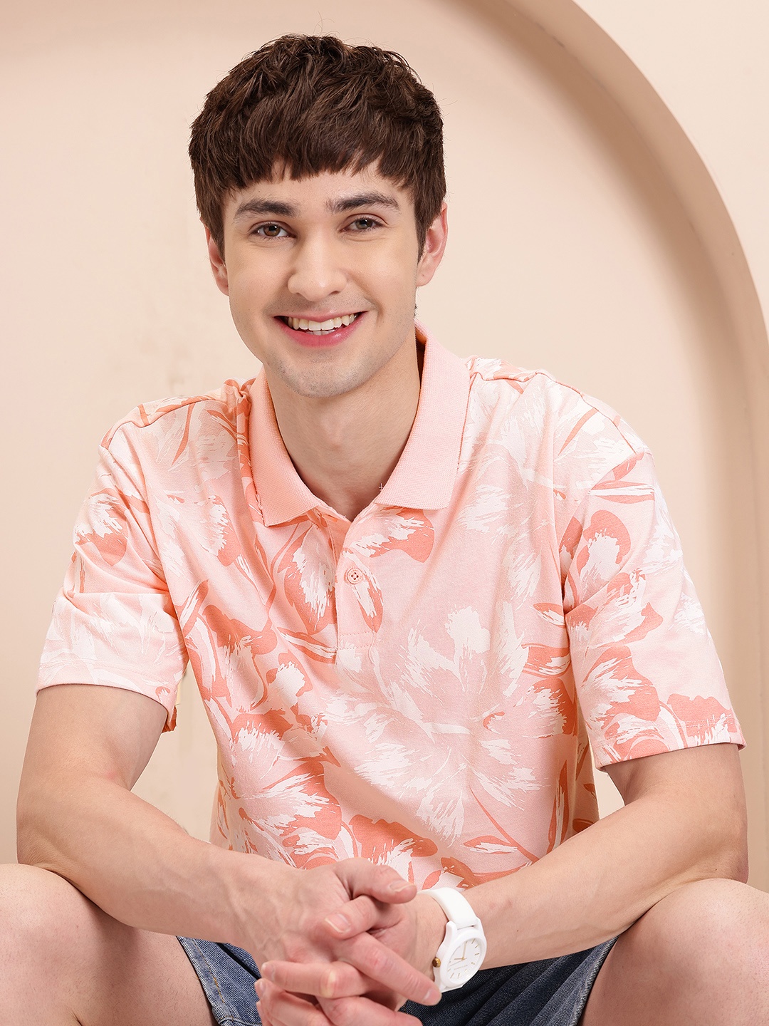 

Mast & Harbour Men Floral Printed Polo Collar Relaxed Fit T-shirt, Pink