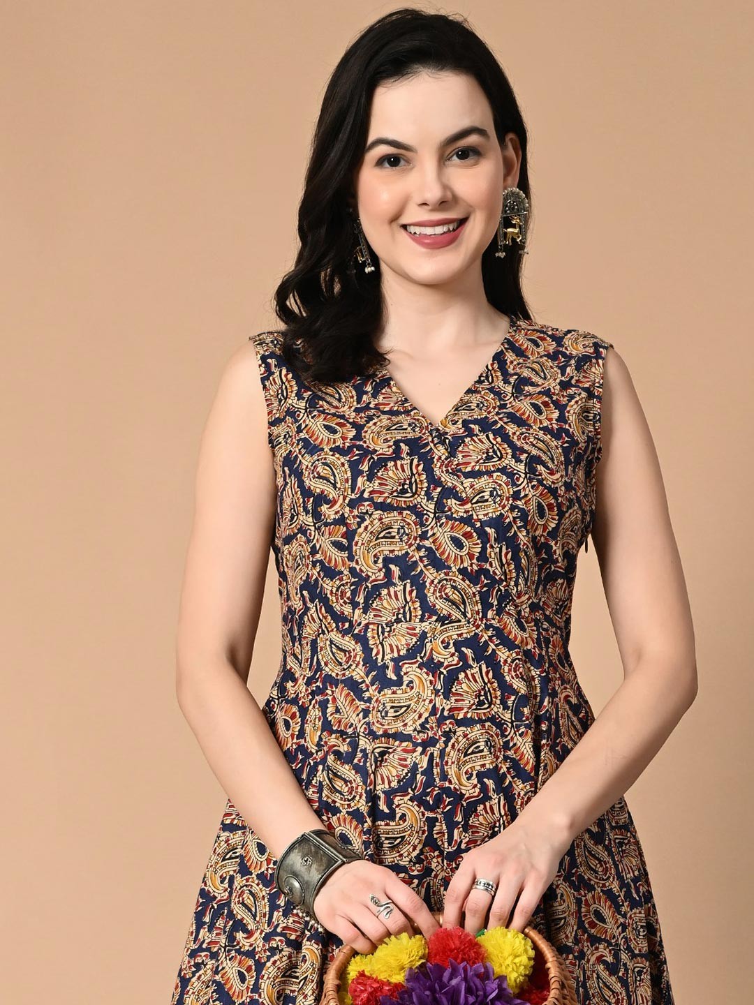 

NIRMOK Ethnic Motifs Printed Cotton A-Line Midi Dress, Blue